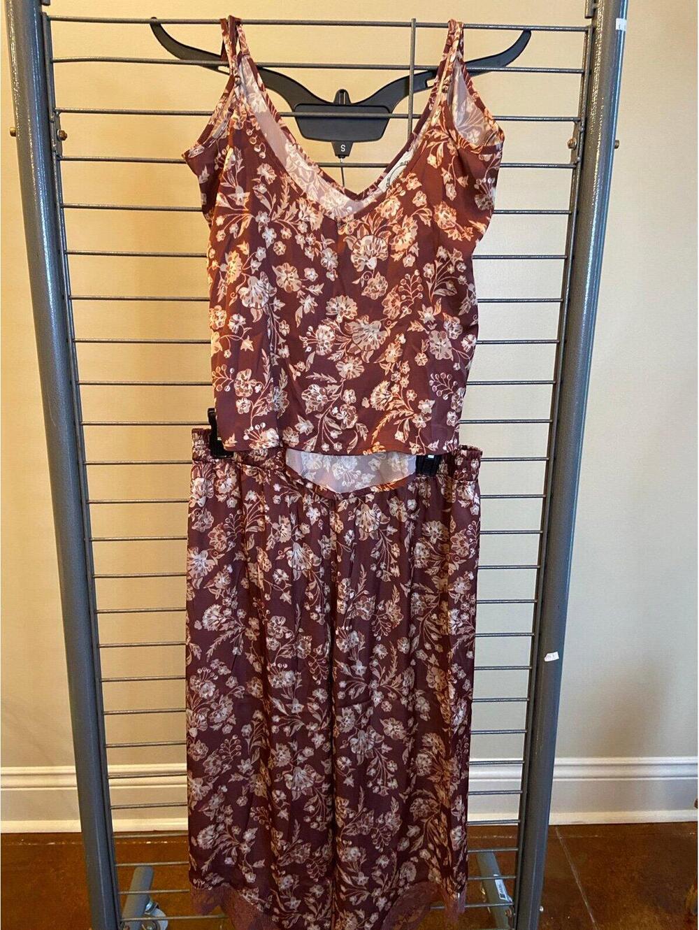 Mia Joy Floral Pajama Set Joyfolie Lace Trim Maroon Small Womens Bohemian Sleep